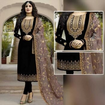Black Embroidered Suit | CW-016 Black | 3 Piece Unstitched | Crinkle Chiffon Stuff