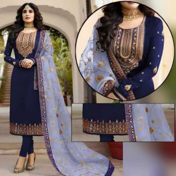 Soft Blue Embroidered Suit | CW-016 Blue Dupatta | 3 Piece Unstitched | Crinkle Chiffon Stuff