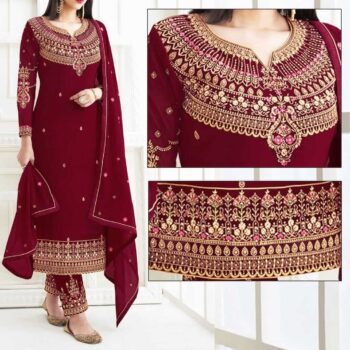 Maroon Embroidered Dress | CW-017 | 3 Piece Unstitched | Crinkle Chiffon Stuff | SALE