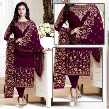 Maroon Embroidred Suit l CW-020 | 3 Piece Unstitched | Crinkle Chiffon Stuff | SALE