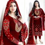 Red Embroidred Suit l CW-027 | 3 Piece Unstitched | Crinkle Chiffon Stuff |