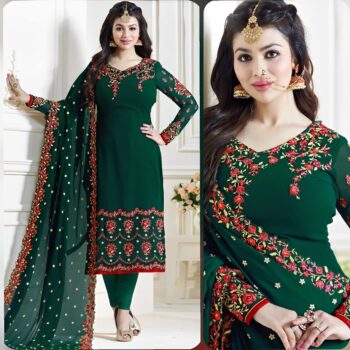Green Embroidered Suit | CW-042 | 3 Piece Unstitched | Crinkle Chiffon Stuff