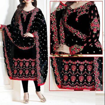 Black Embroidered Suit | CW-042 | 3 Piece Unstitched | Crinkle Chiffon Stuff