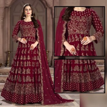 Maroon Embroidered Maxi | CW-044 | 3 Piece Unstitched | Crinkle Chiffon Stuff