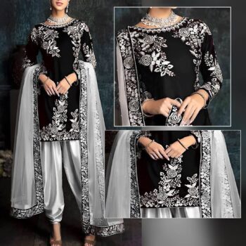 Black Patyala Embroidered Suit | CW-056 Black | 3 Piece Unstitched | Crinkle Chiffon Stuff