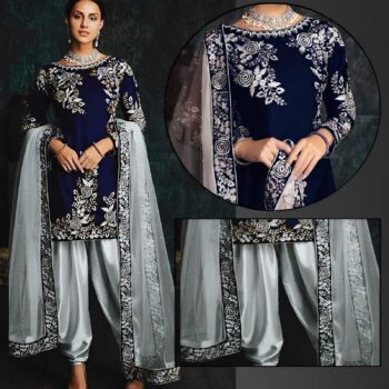 Blue Patyala Embroidered Suit | CW-056 Blue | 3 Piece Unstitched | Crinkle Chiffon Stuff