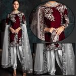 Maroon Patyala Embroidered Suit | CW-056 Maroon | 3 Piece Unstitched | Crinkle Chiffon Stuff