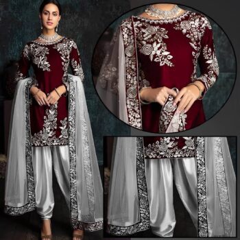 Maroon Patyala Embroidered Suit | CW-056 Maroon | 3 Piece Unstitched | Crinkle Chiffon Stuff