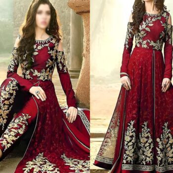 Maroon Embroidered Maxi | CW-058 | 3 Piece Unstitched | Crinkle Chiffon Stuff
