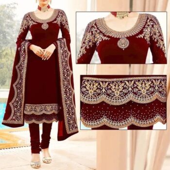 Maroon Embroidered Suit | CW-066 | 3 Piece Unstitched | Crinkle Chiffon Stuff | Sale!