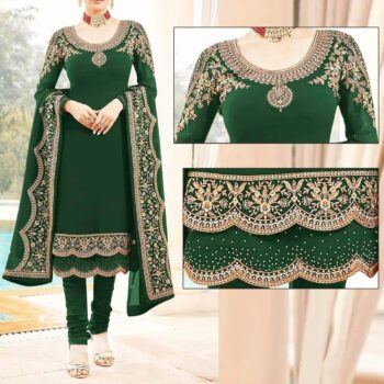 Dark Green Embroidered Suit | CW-066 Dark Green | 3 Piece Unstitched | Crinkle Chiffon Stuff | Sale!