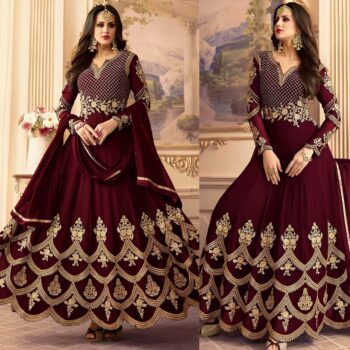 Maroon Embroidered Frock | CW-007 | 3 Piece Unstitched | Crinkle Chiffon Stuff