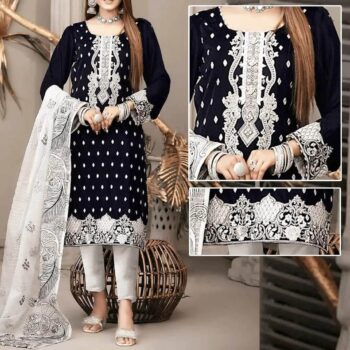 Black & White Embroidered Suit CW-101 | 3 Piece Unstitched | Crinkle Chiffon Stuff
