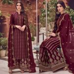 Maroon Embroidered Suit | CW-112 | 3 Piece Unstitched | Crinkle Chiffon Stuff