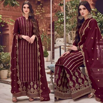 Maroon Embroidered Suit | CW-112 | 3 Piece Unstitched | Crinkle Chiffon Stuff