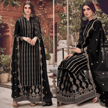 Black Embroidered Suit | CW-112 | 3 Piece Unstitched | Crinkle Chiffon Stuff
