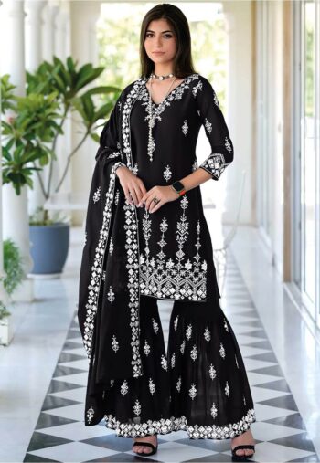 Black Plazo Embroidered Suit | CW-123 | 3 Piece Unstitched | Crinkle Chiffon Stuff