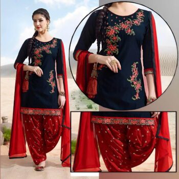 Navy Blue & Red Embroidered Suit | CW-14 | 3 Piece Unstitched | Crinkle Chiffon Stuff