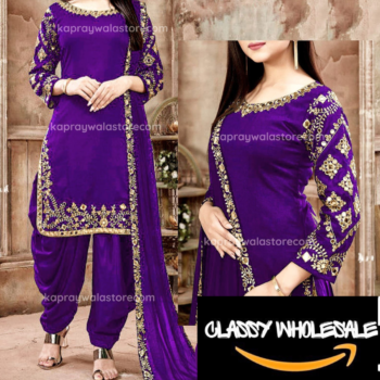 Purple Patyala Embroidered Suit | CW-063 | 3 Piece Unstitched | Crinkle Chiffon Stuff