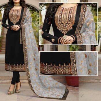 Black Embroidered Suit | CW-016 Black Blue Dupatta | 3 Piece Unstitched | Crinkle Chiffon Stuff