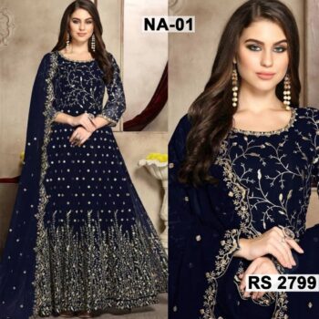 Net Heavy Handwork Embroidered Dress Complete 3 Piece Unstitched Code CW-01 (Blue)