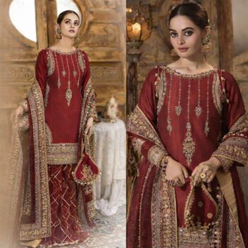 Chiffon Heavy Embroidered Dress Complete 3 Piece Unstitched Code CW-02 maroon