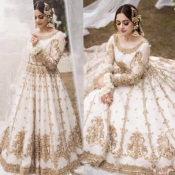 Net Heavy Handwork Embroidered Dress Complete 3 Piece Unstitched Code CW-06(White)