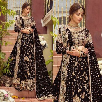 Net Heavy Handwork Embroidered Dress Complete 3 Piece Unstitched Code CW-08 (Black)
