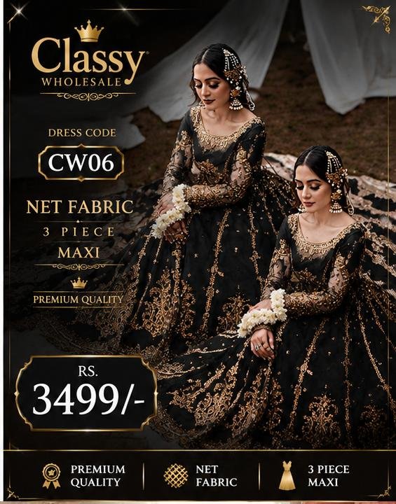 Net Heavy Embroidered Dress Complete 3 Piece Unstitched Code CW-06(Black)