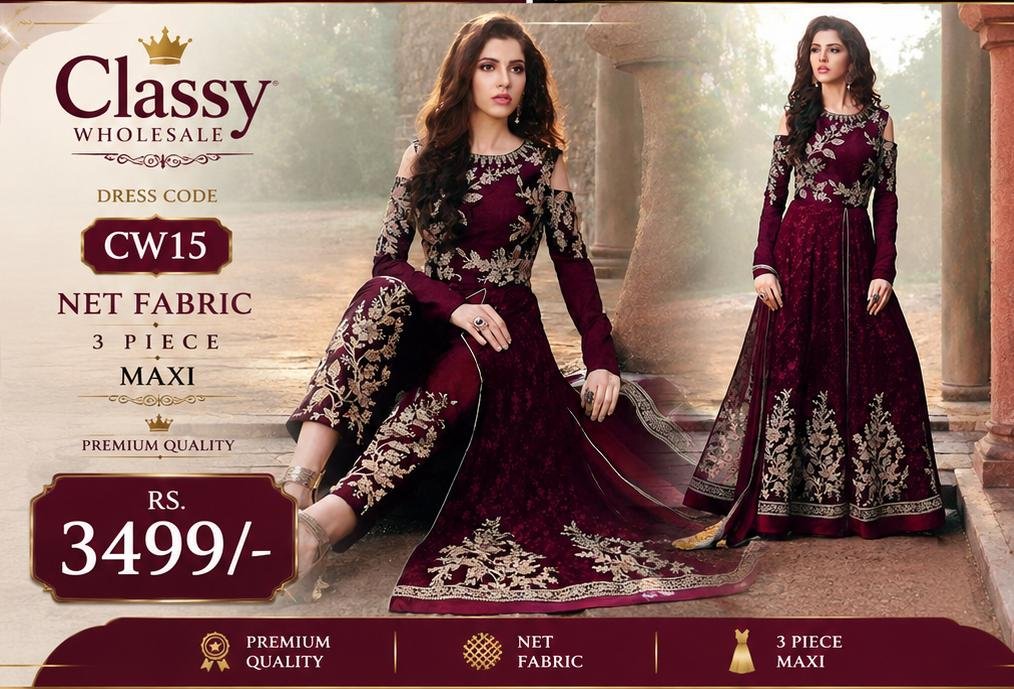 Soft Net Heavy Embroidered Dress Complete 3 Piece Unstitched Code Cw-15